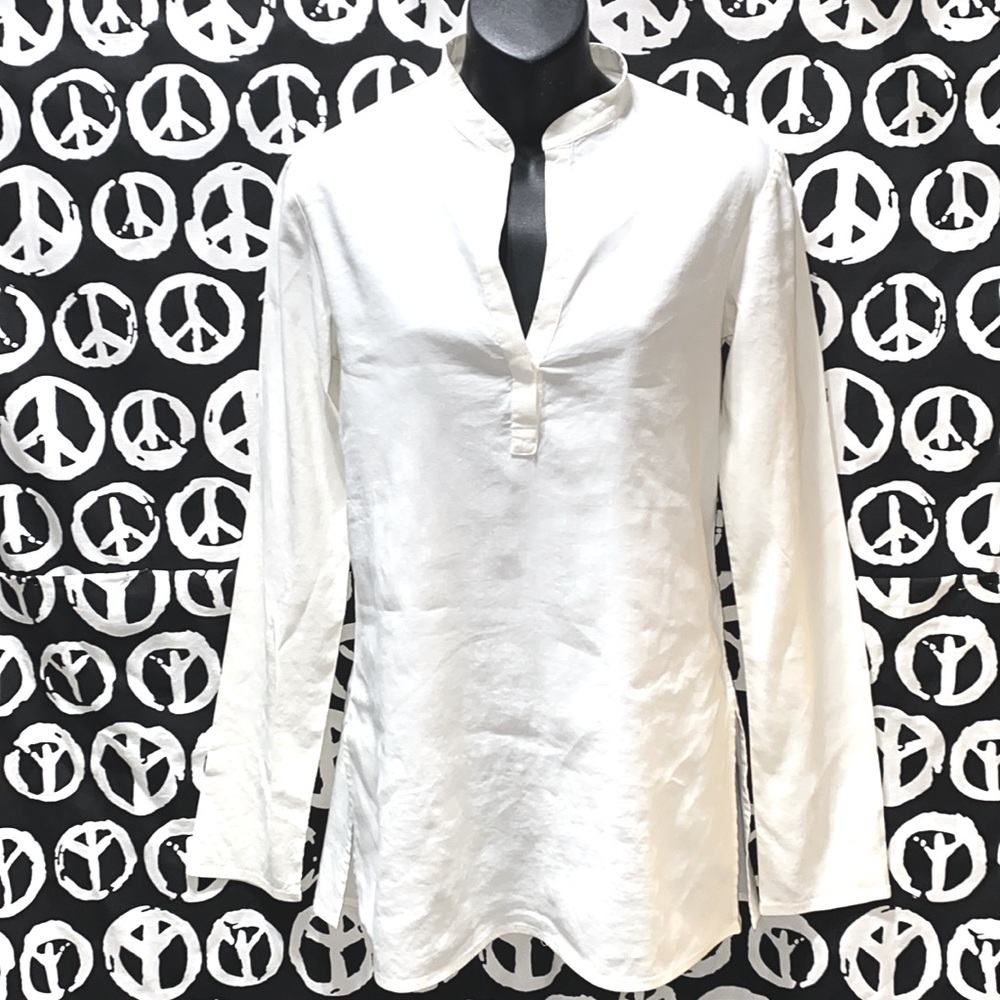 THEORY WHITE LINEN/VISCOSE/SPANDEX V-NECK BAND COLLAR TOP/TUNIC SZ P (S)